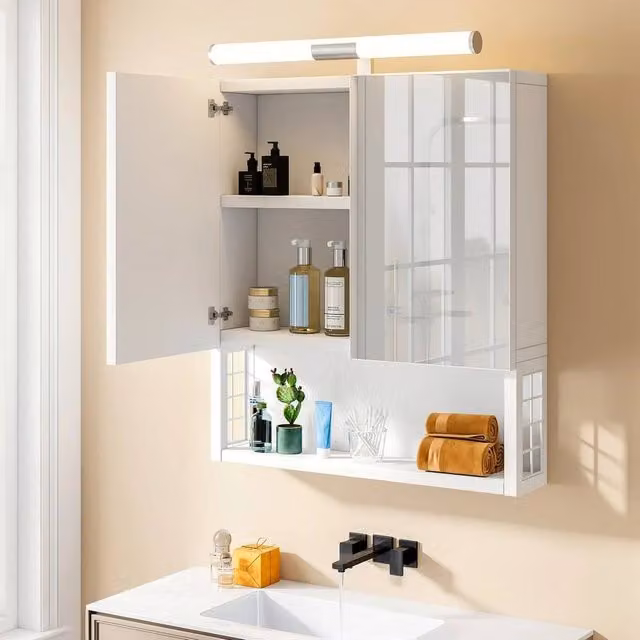 PAWNORA White Modern Wall Mounted Bathroom Mirror Cabinet with 2 Hinged Doors, LED Integrated Lighting and Internal Shelves