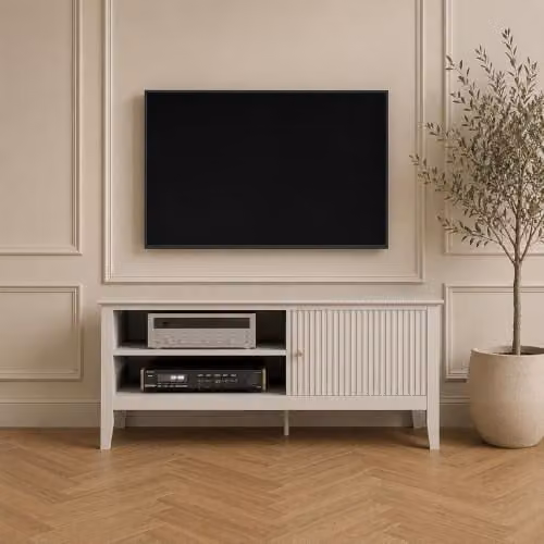 Melody Maison Hales Taupe Large Wooden Fluted TV Cabinet and Media Unit, W: 120 cm, D: 50 cm, H: 40 cm – 1
