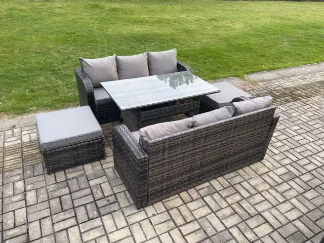 Fimous 5 Piece Rattan Garden Furniture Set with Oblong Rectangular Dining Table and 2 Footstools in Dark Grey
