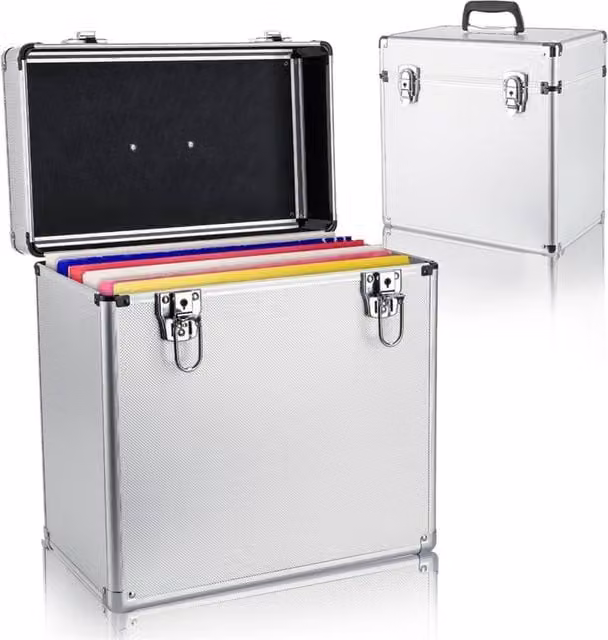 VOGREX Silver Vinyl LP Record Storage Case, Stackable DJ Flight Box with Handles