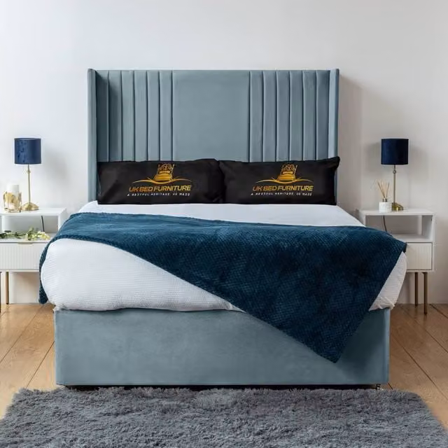 UK Bed Furniture Skyline Wingback Divan Bed Base with 54 Inch Headboard in Light Blue Velvet, Size: King, W/D/H: 180 x 200 cm