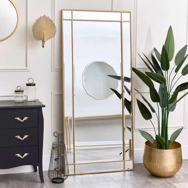 Melody Maison Art Deco Gold Framed Rectangular Wall Leaner Mirror, W: 80 cm, H: 180 cm