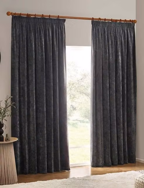YARD Charcoal Grey Chenille Velvet Pencil Pleat Curtains, W: 218 cm, H: 183 cm
