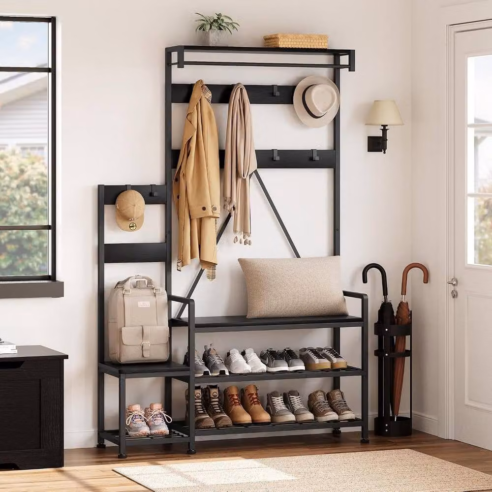 London Boutique Industrial Hall Tree with Shoe Rack Bench and Hooks in Black – 6