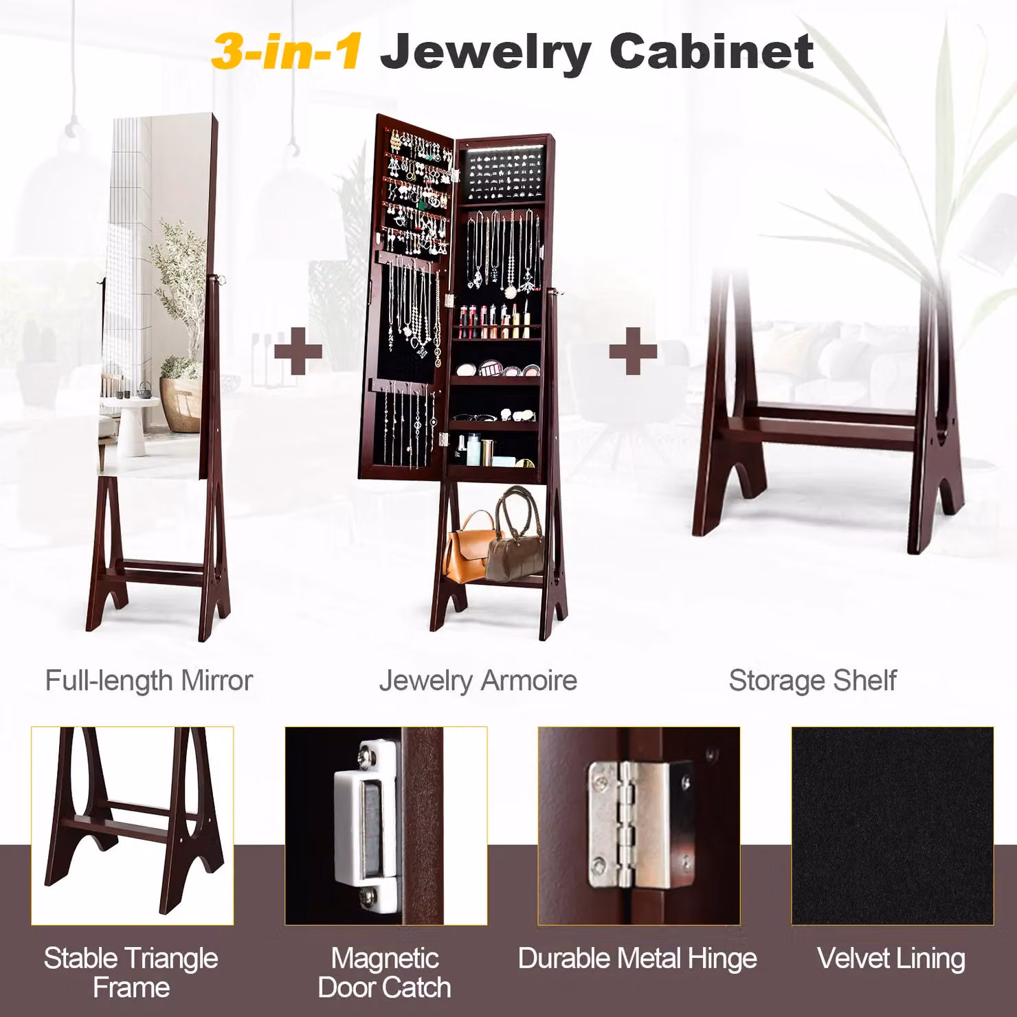 Costway Freestanding Jewelry Cabinet Organizer with Full Length Mirror and Built-in LED Lighting in Brown – 5