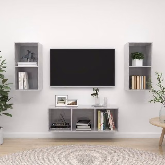 Berkfield Home 3 Piece Modern Wall Mounted TV Cabinet Set in Matt Concrete Grey MDF – 1