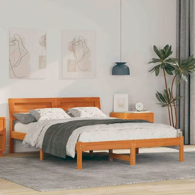 Berkfield Home Modern Solid Pine Wood Bed Frame with Headboard, Wax Brown, W/D/H: 120 x 190 cm