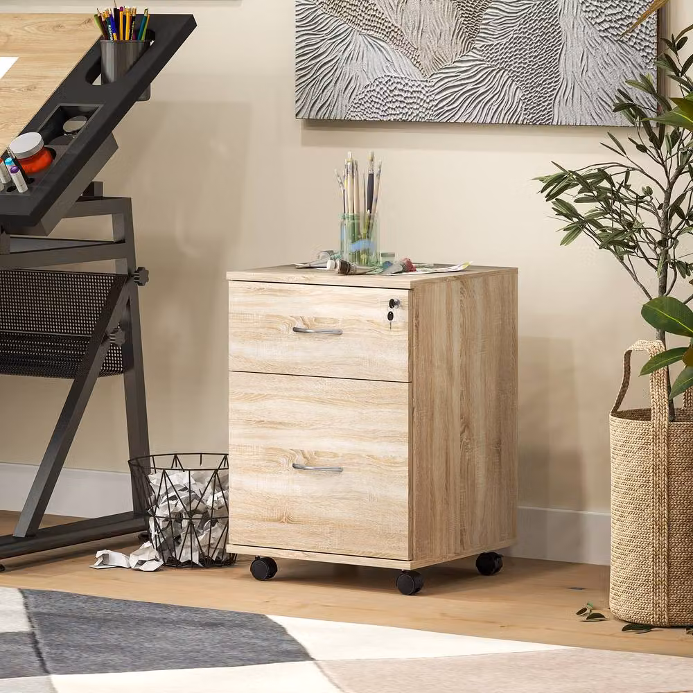 ERGOVEXA Two Drawer Lockable Filing Cabinet in Natural White Oak with Castors, H 58.0 cm x W 39.0 cm x D 41.0 cm – 4