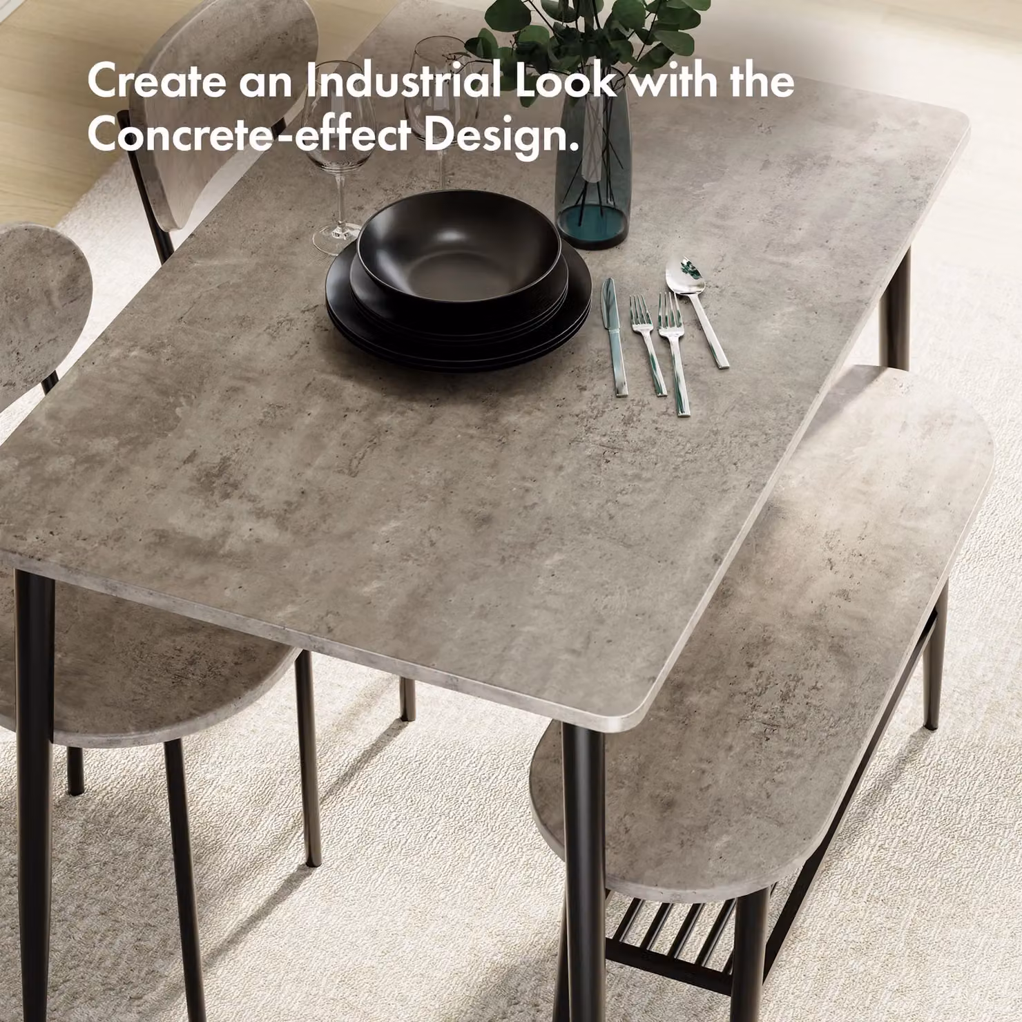 VonHaus Concrete Effect Dining Set with Table, Bench and 4 Chairs in Grey and Black, W/D/H: 110 x 70 x 75 cm – 4