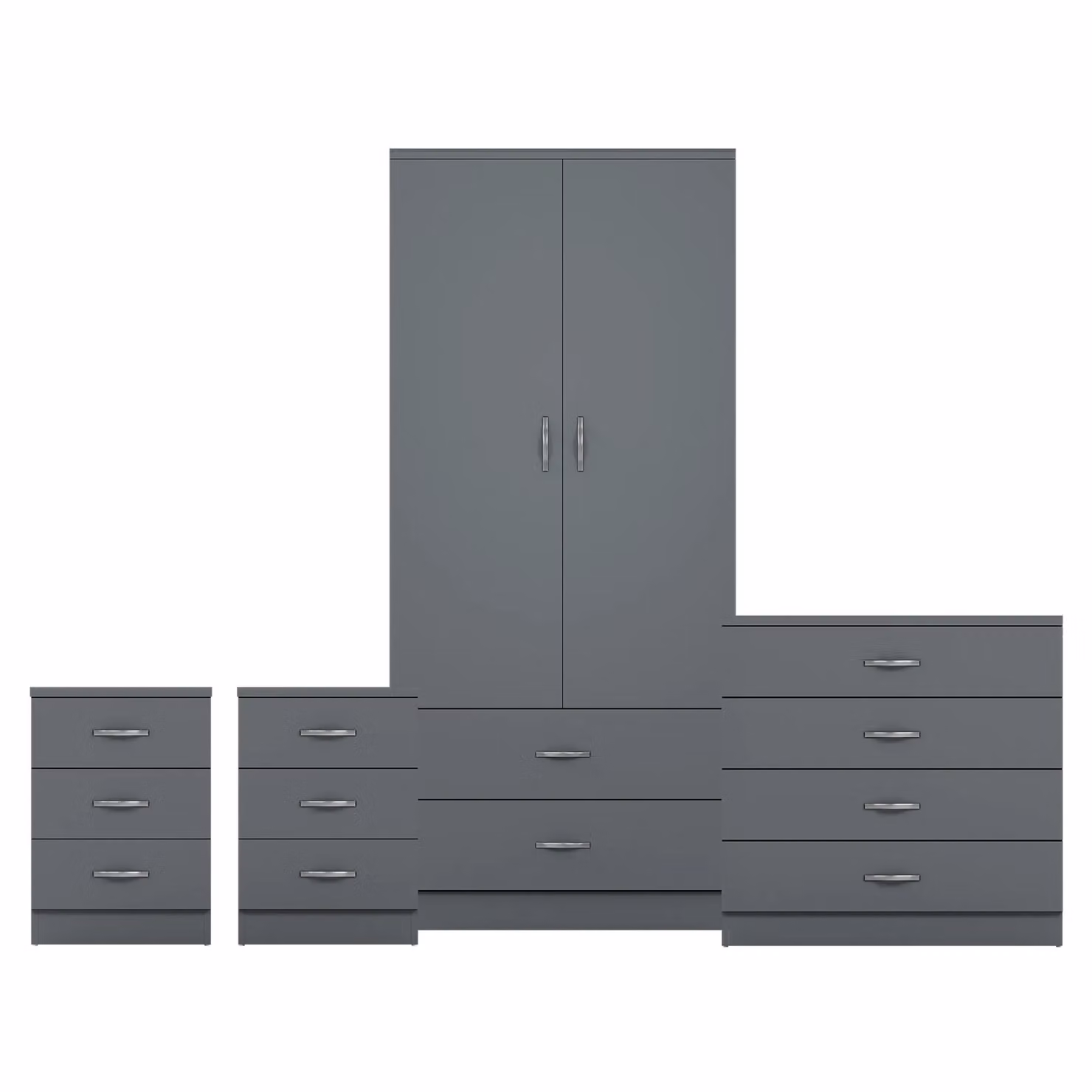 Vida Designs Riano 4 Piece Grey Bedroom Set with 3 Drawer Bedside Tables and 4 Drawer Chest – 2