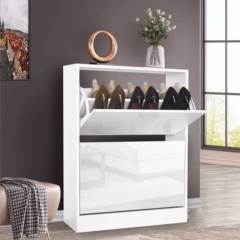 Modern White High Gloss Slim Shoe Storage Cabinet with 2 Tilting Compartments and Push-to-Open Doors
