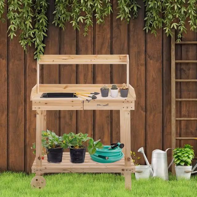 OUTSUNNY Wood Potting Bench Work Table with 2 Wheels and Drawer, Natural, W/D/H: 92 x 45 x 119 cm – 1
