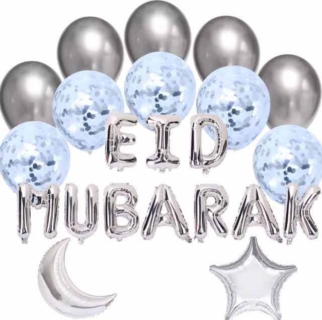 Peacock Supplies Eid Mubarak Silver Balloon Bundle with Stars, Moon and Letter Balloons