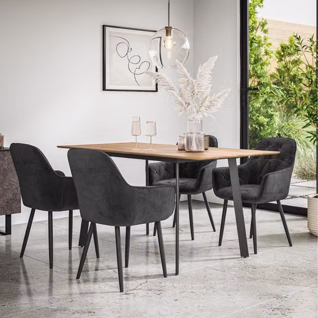 More4Homes Haydon Extending Oak Effect Dining Table Set with 6 Anika Velvet Chairs in Black and Brown