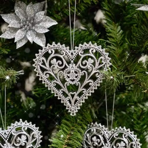Melody Maison Set of 3 Silver Ornate Heart Christmas Baubles – 3
