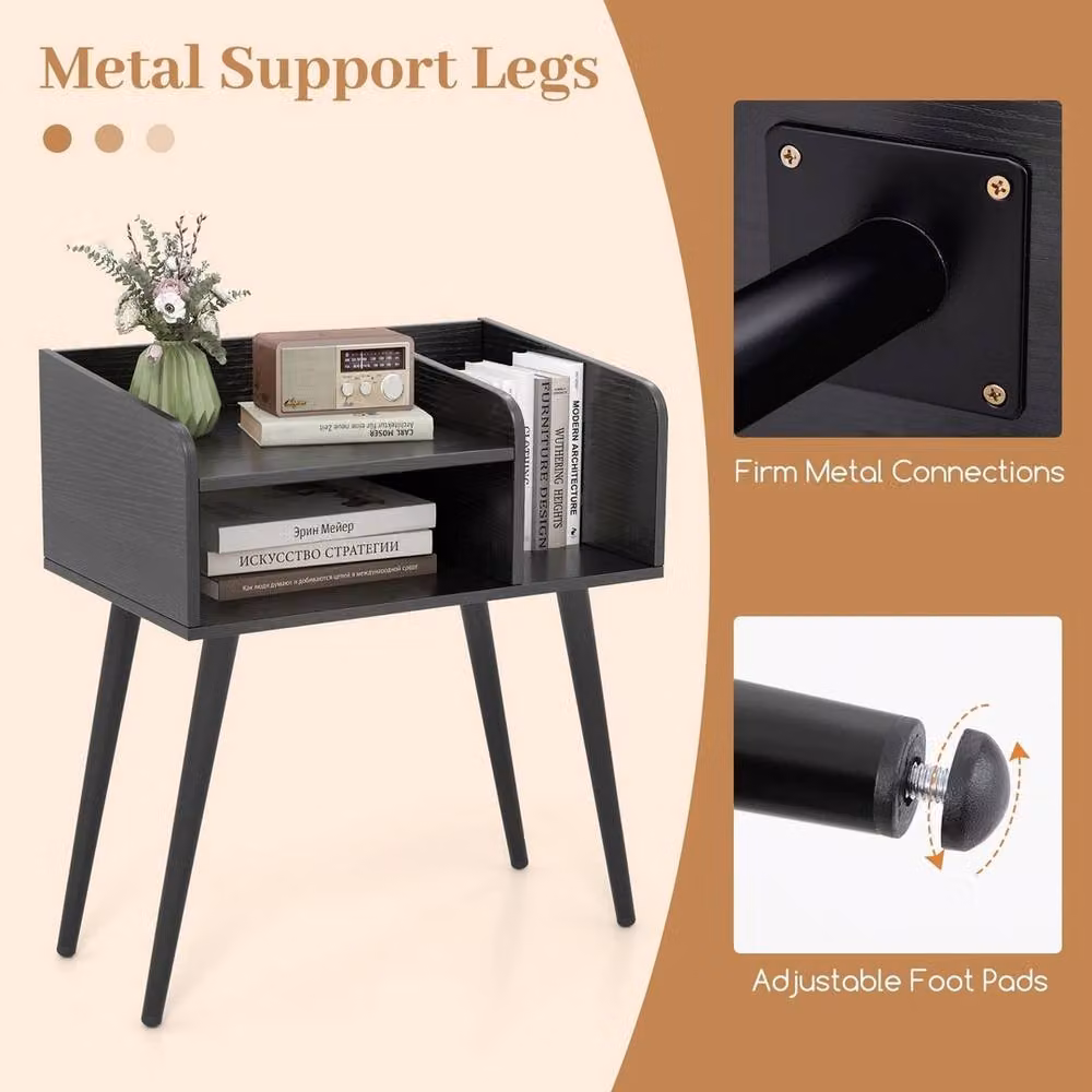 Havendro Mid Century Modern Black Metal End Table and Nightstand with Open Shelves – 5