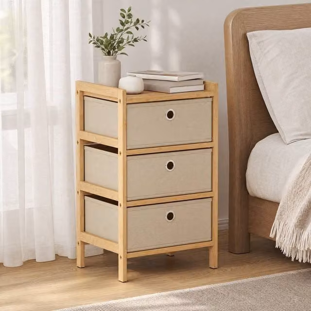 STILVORA Beige Lacquered Bamboo Chest of Drawers with 3 Drawers