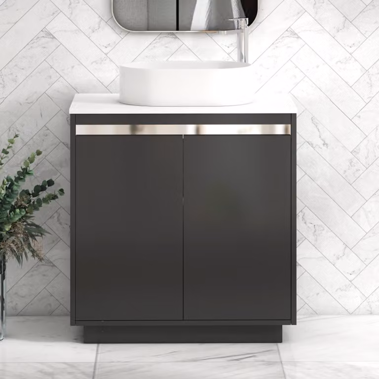 Royal Bathrooms Orion 800mm Matt Obsidian Black and Plain White Floor Standing 2 Door Vanity Unit with Peak Basin and Chrome Accent Trim