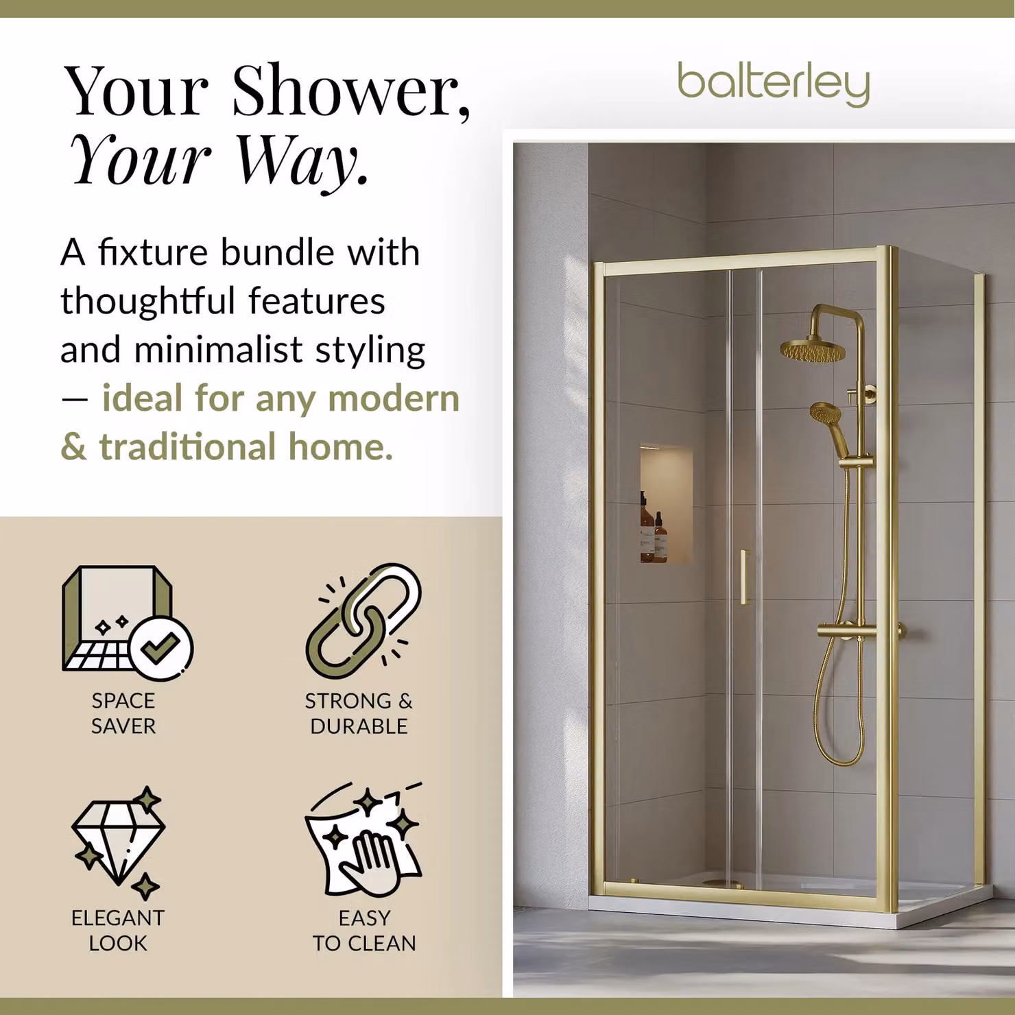 Balterley Ruwa Sliding Corner Shower Suite with Tray, 6mm Glass, Gold – 2