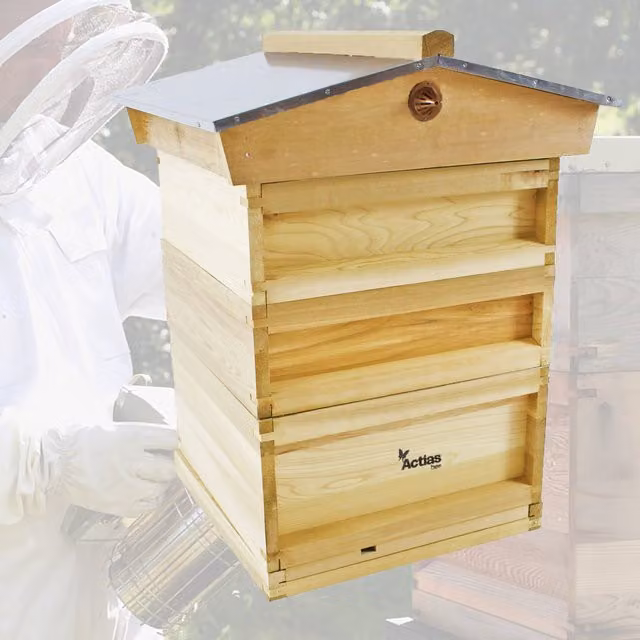 Actiasbee National Pine Beehive with Gabled Roof Brood Box and 2 Supers in Brown and Silver