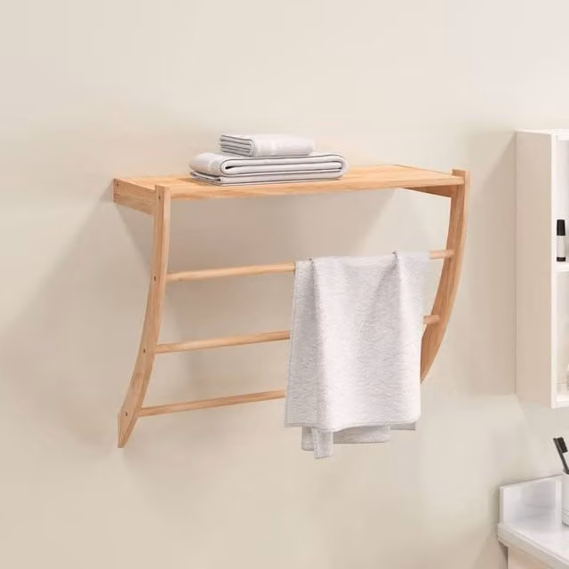 Berkfield Home Wall Mounted Walnut Wood Towel Rack in Brown, W/D/H: 60 x 25.5 x 49 cm