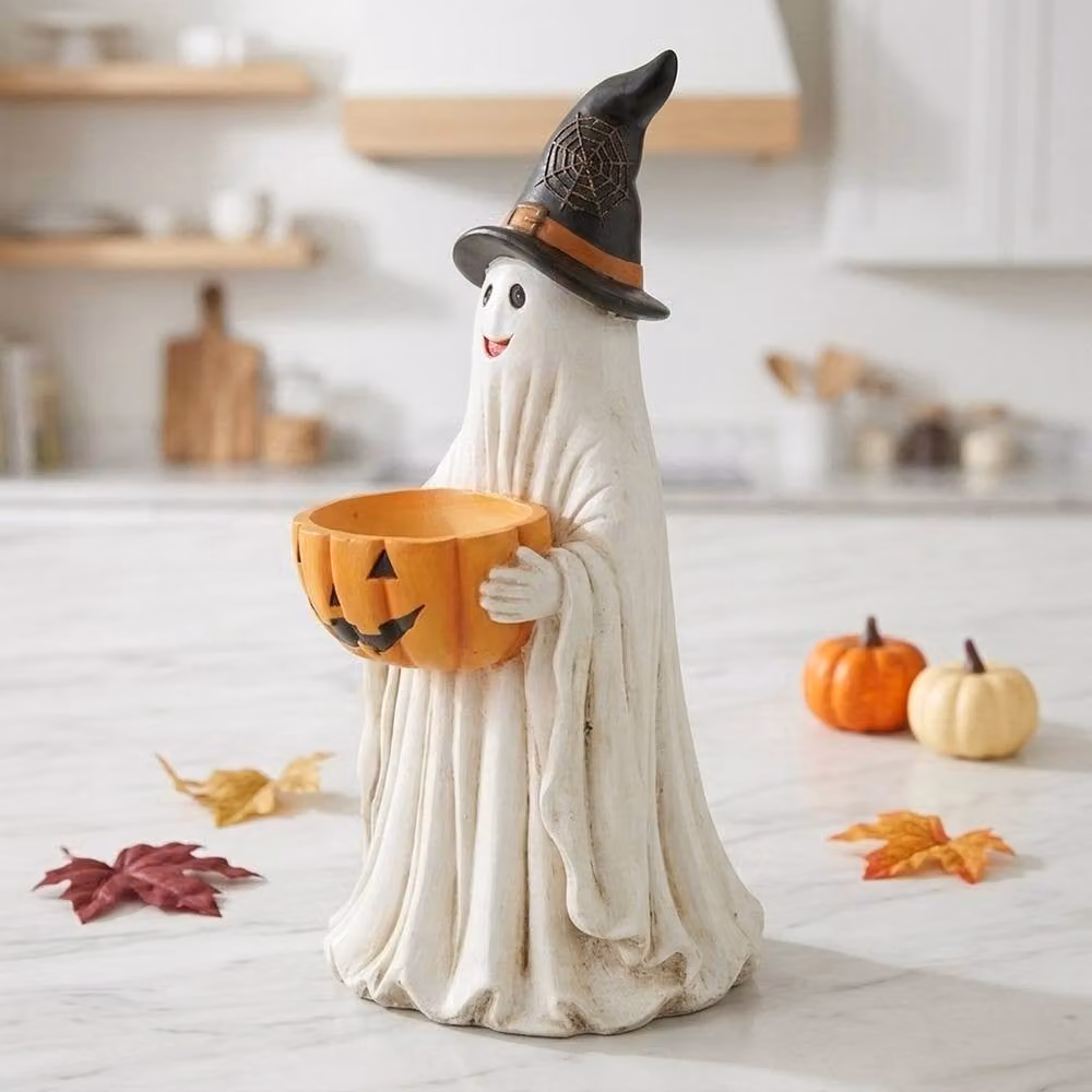 Garden Greatness Tall Halloween Ghost Pumpkin Ceramic Tabletop Ornament in White and Multicolour, H: 71.0 cm, W: 33.0 cm, D: 33.0 cm – 2