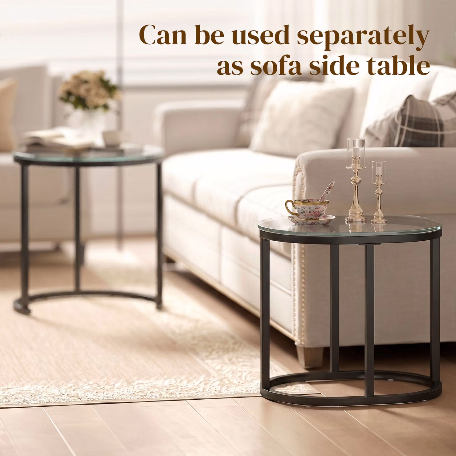 HOMCOM Modern Nest of 2 Round Coffee Tables with Steel Frame and Black Tempered Glass Tabletop – 7