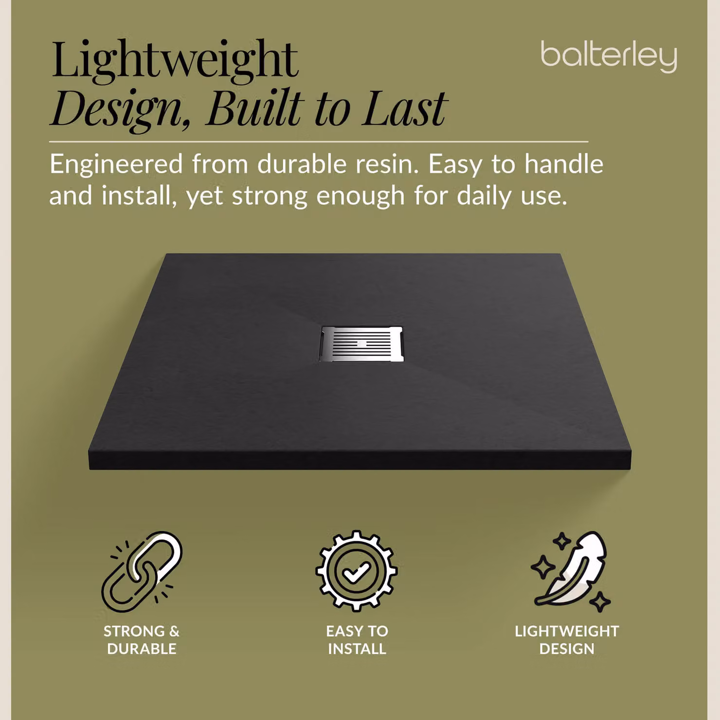 Balterley Slimline Square Mineral Cast Shower Tray in Slate Black, W/D: 80 x 80 cm – 3