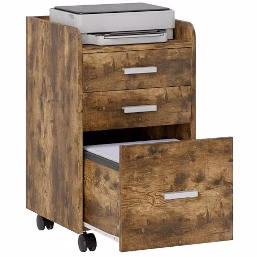 HOMCOM 3 Drawer Filing Cabinet in Rustic Brown for Home Office