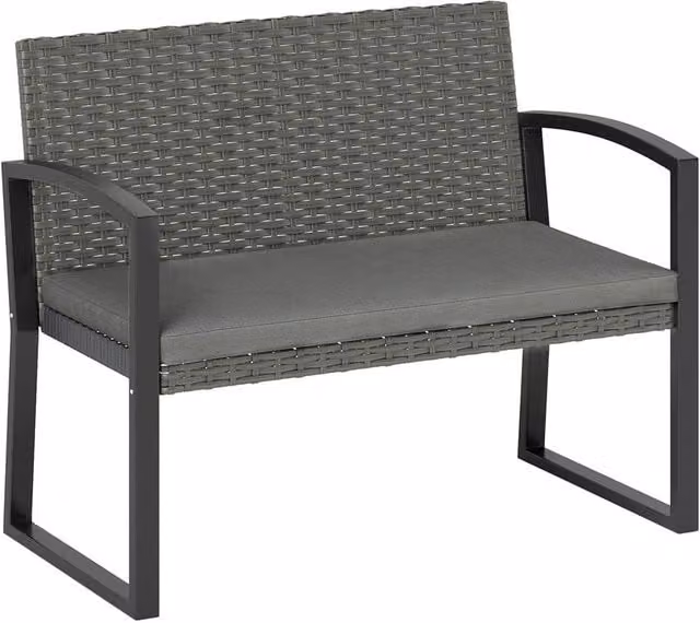 SPETLEK Grey 2 Seater Rattan Outdoor Bench with Cushions and Steel Frame, W: 100 cm, D: 80 cm, H: 80 cm