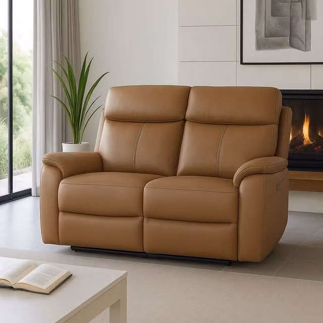Aspire Kingsmere 2 Seater Power Recliner Sofa in Brown Real Leather with USB Charging, W/D/H: 143 x 77 x 66 cm