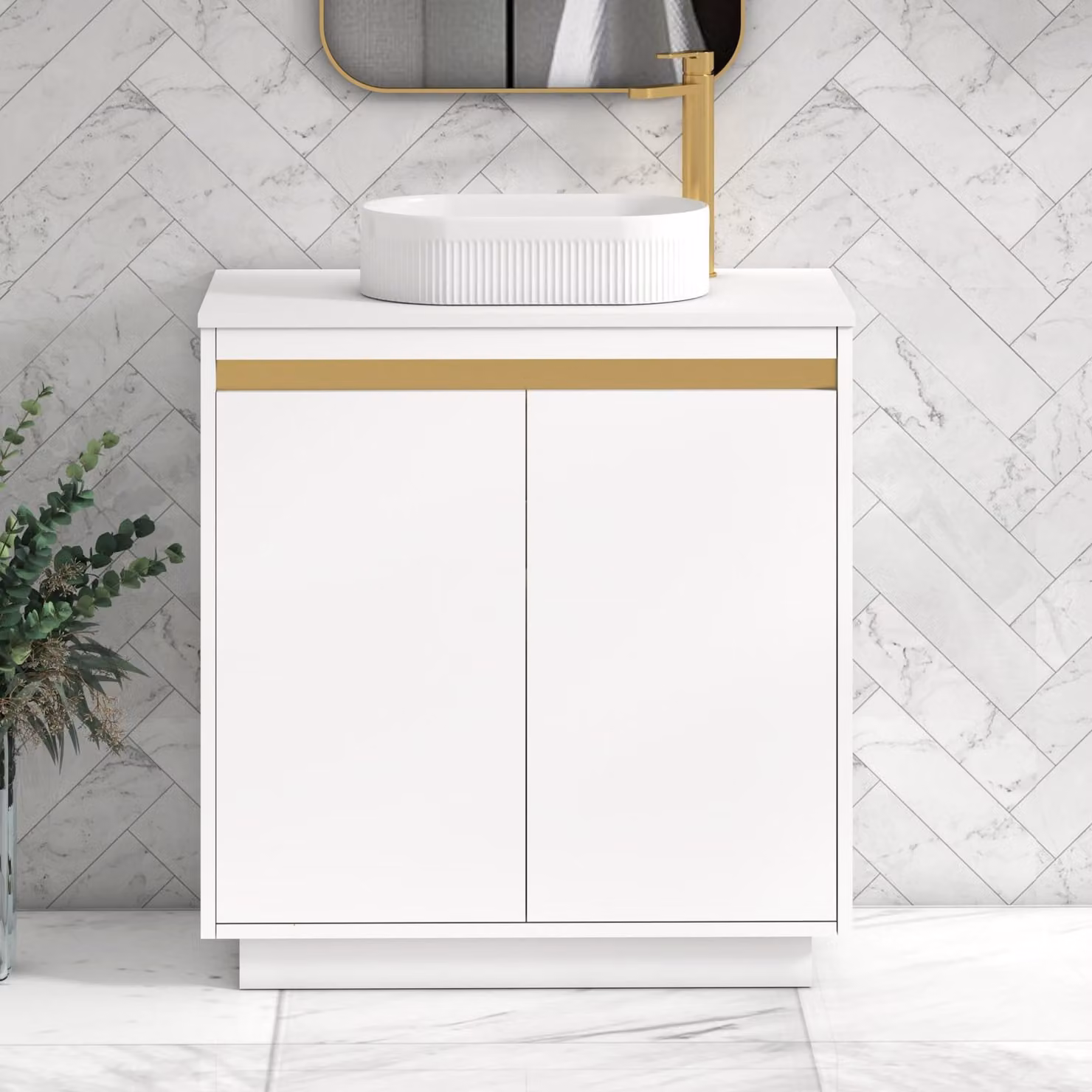 Royal Bathrooms Orion 800mm Matt White Floor Standing 2 Door Vanity Unit with Lyon Basin and Brushed Brass Accent Trim