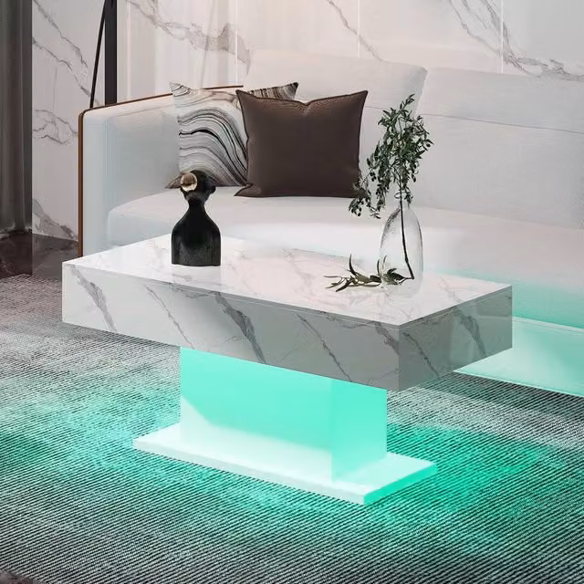 KEEPREAPER Rectangular LED Coffee Table with 16 Colours in White Marble Glossy Finish – 1