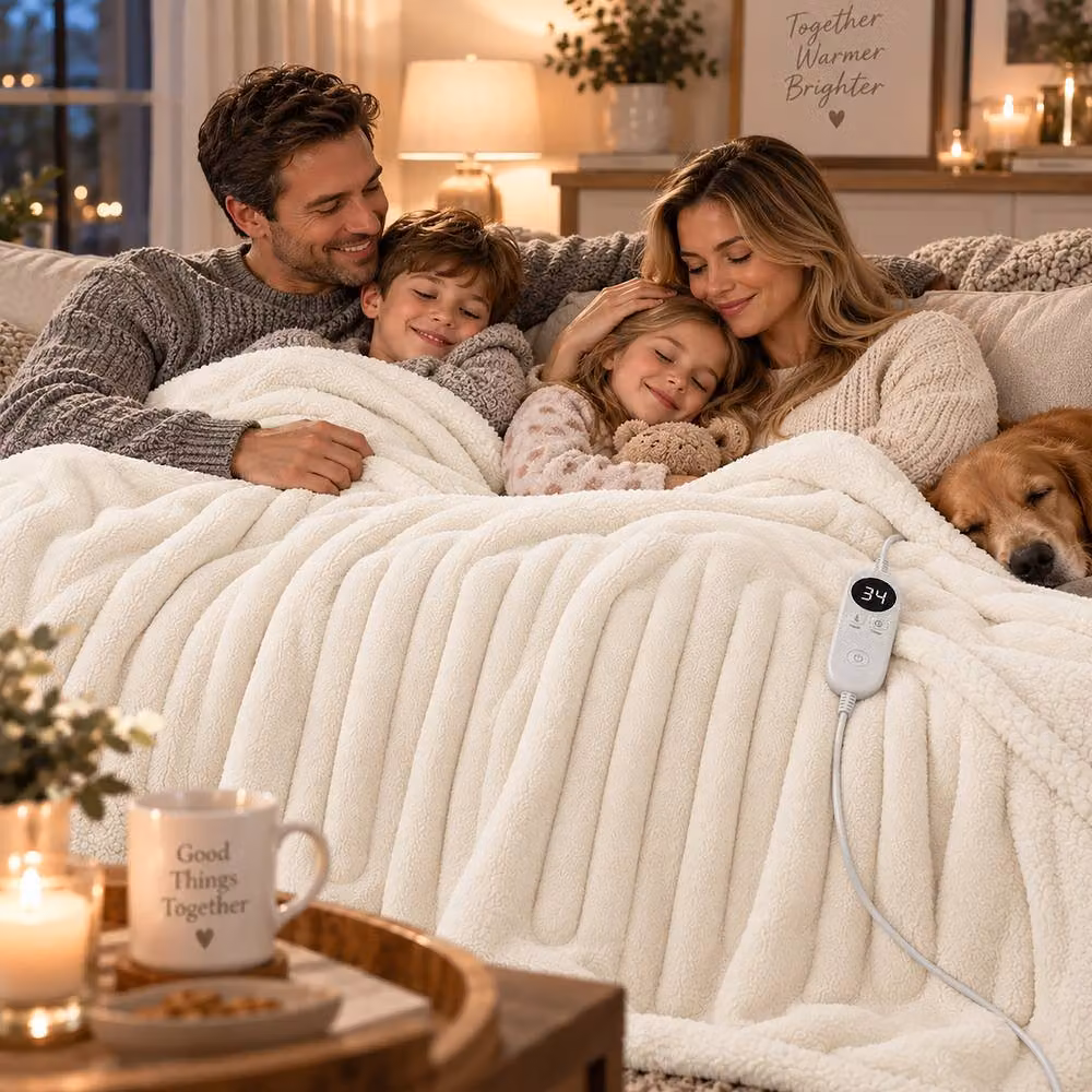Marco Paul Luxury Sherpa Fleece Electric Heated Throw in Beige, W: 150 cm, D: 180 cm – 4