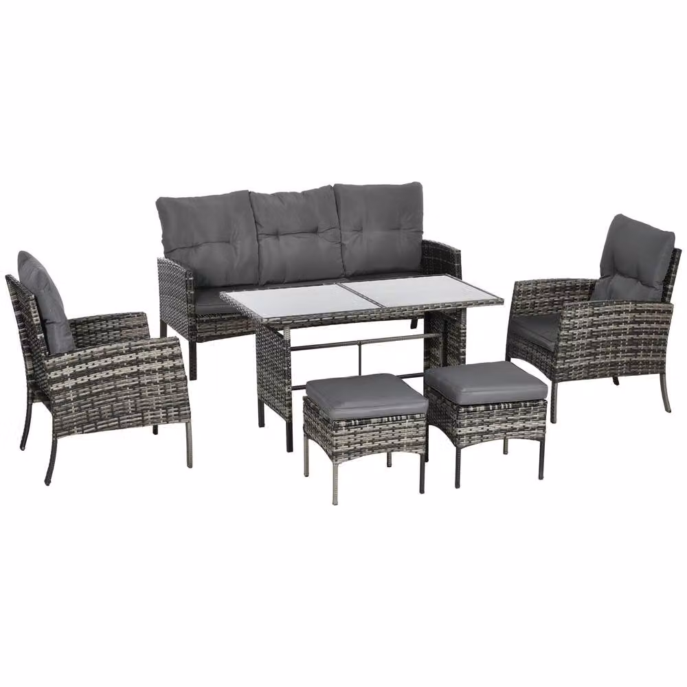STILVORA 5-Seater Grey Sofa with Glass-Top Table and Metal Rattan Details – 4