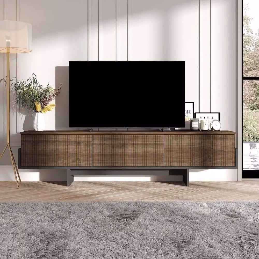 CALICOSY HELYO TV Cabinet with 3 Grooved Drop-Down Doors in Walnut, Width: 180 cm – 2