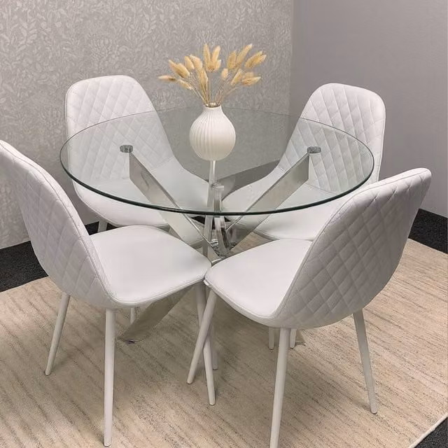 Kosy Koala Round Glass Dining Table Set with 4 White Geometric Pattern Chairs, W/D/H: 90 x 90 x 75 cm