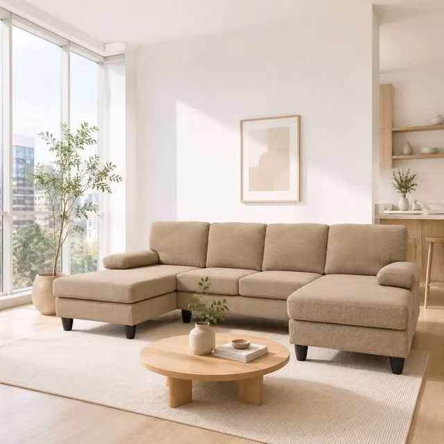 Merax U Shaped Sofa with Double Chaise and Upholstered Armrests in Camel Fabric, W/D/H: 264 x 137 x 83 cm – 1