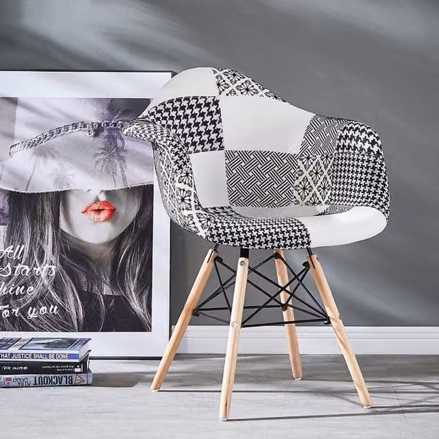 Life Interiors Set of 2 Chrono Patchwork Eiffel Tub Dining Chairs in Black, White and Multicolour with Wooden Legs and Metal Frame – 3