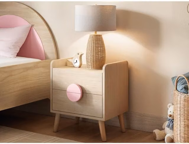 Flair Noah 2 Drawer Bedside Table in Oak and Pink – 1