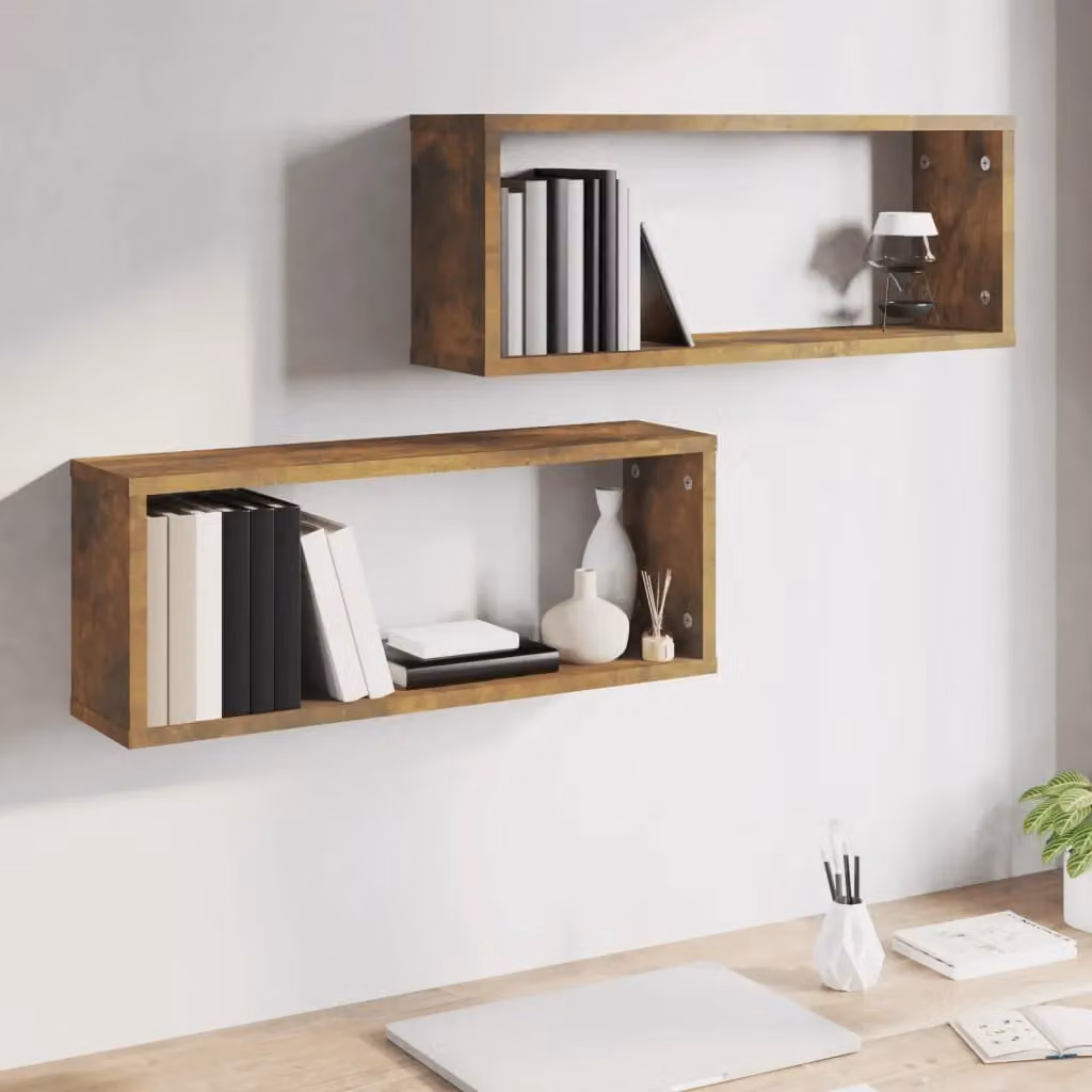 Berkfield Home Wall Mounted Cube Shelves, 2 Piece Set in Smoked Oak Brown, W/D/H: 60 x 15 x 23 cm – 4