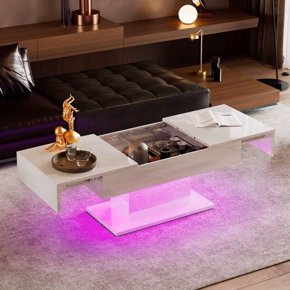 KEEPREAPER White High-Gloss Coffee Table with Sliding Top, Hidden Drawers and 16-Colour LED Lighting – 2