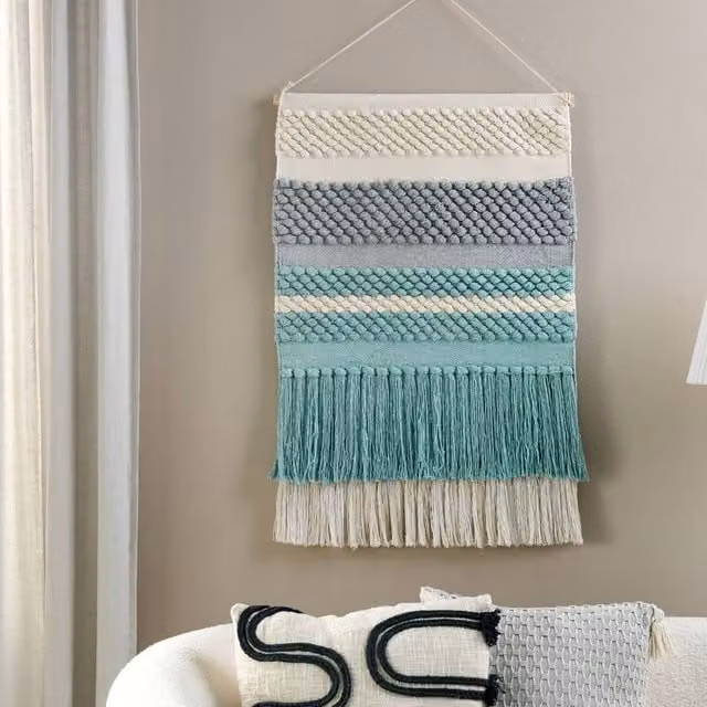 Wyld and Coco Boho Nautical Handwoven Cotton Textile Wall Hanging in Multicolour Blue, Grey and Beige