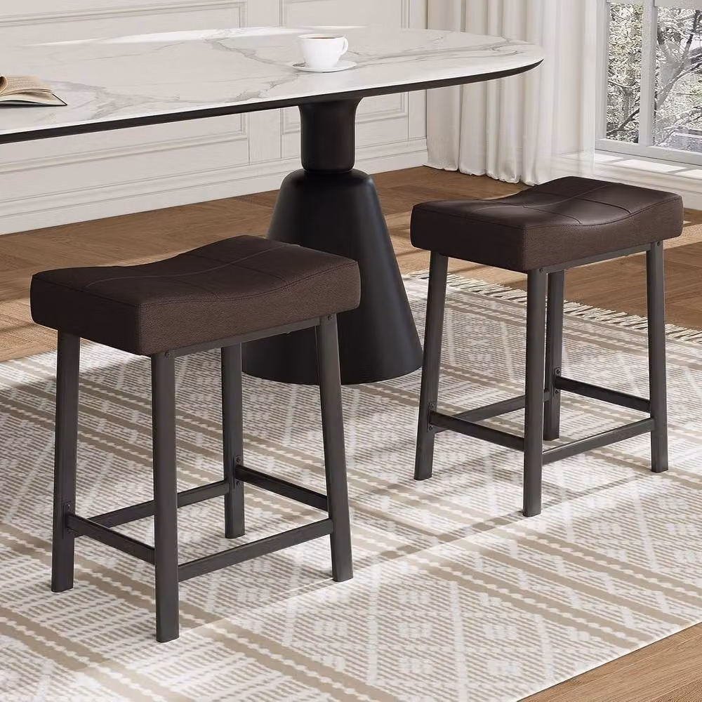 London Boutique Set of 2 Brown Padded Synthetic Leather Kitchen Bar Stools with Metal Footrests, Counter Height: 60.96 cm – 7