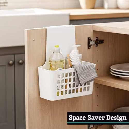 Orsina White Small Hanging Organiser Basket, Slatted Plastic Vented Bin for Bathroom or Kitchen Storage, W/D/H: 25.0 x 43.0 x 48.0 cm – 4