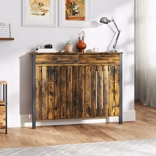 HOMCOM Industrial Radiator Cover with Drawers in Brown and Black, W/D/H: 119 x 19 x 93 cm – 2