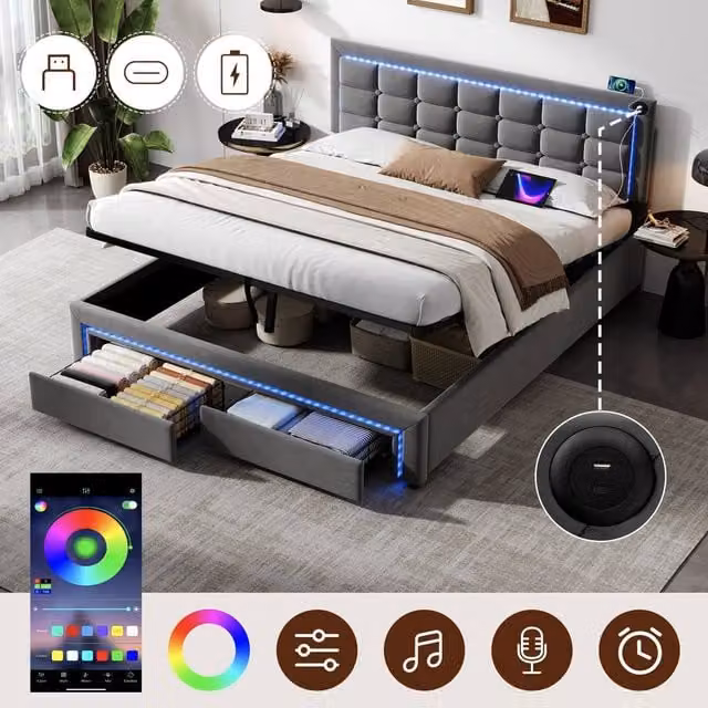 Rolipo King Size Grey Velvet Upholstered Ottoman Bed with Drawers, LED Lighting and USB Charging Port, W/D/H: 180 x 200 cm