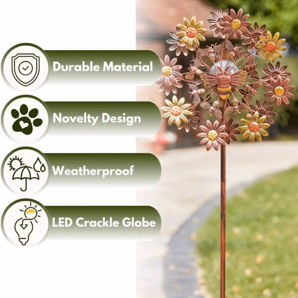 Marco Paul Flowerbee Solar Wind Spinner, Multicolour Metal Floral Design, Height: 130 cm – 3