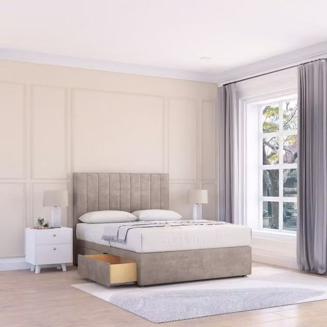 Sloomy Kansas Double Divan Bed Base with 4 Drawers and 26 inch Struts Headboard in Beige Fabric, W/D/H: 140 x 200 cm