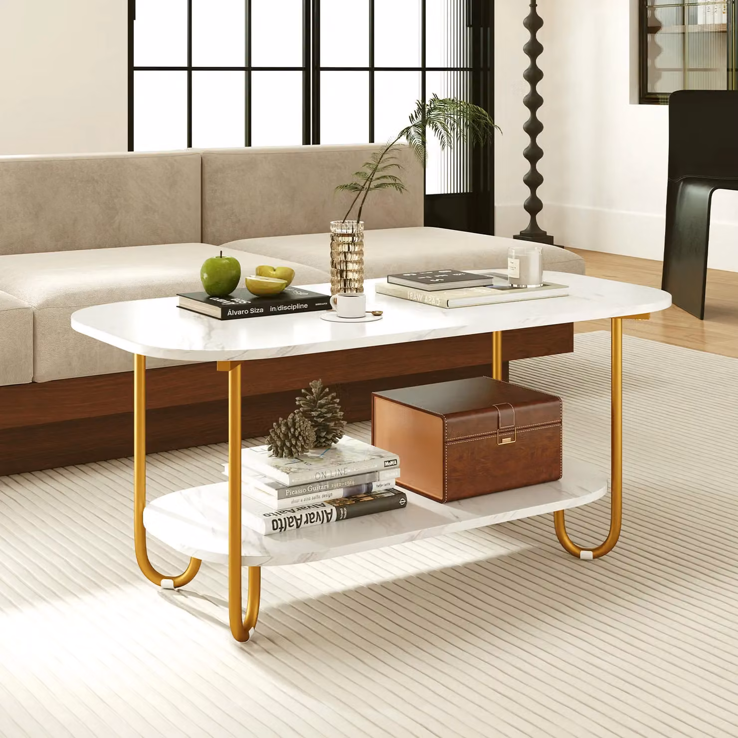Gymax 2-Tier Modern Faux Marble Top Console Table in White and Gold – 2